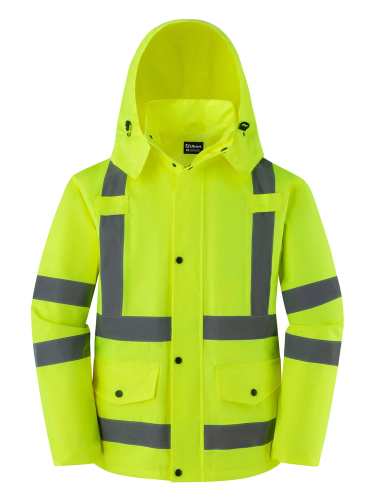 Ubon Men's Reflective Rain Jacket, Waterproof Hi Vis Rain Coat Safety High Visibility Raincoat with Detachable Hood